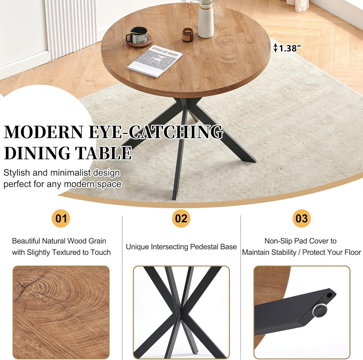 Homedot Dining Table Set for 4, Modern Mid-Century Compact Kitchen Table with Chairs Set, 37-in Round Breakfast Nook Dinner Table Set with Upholstered Dining Side Chairs for Dining Room, Grey