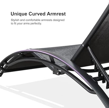 PURPLE LEAF Patio Pool Lounge Chaise Set of 3 Outdoor Lounger Chair, Black | 2 Chaise + 1 Table, Aluminum Frame, UV Textilene Fabric, Adjustable Headrest & 5 Recline Angles, Stackable, S-Curve Backrest