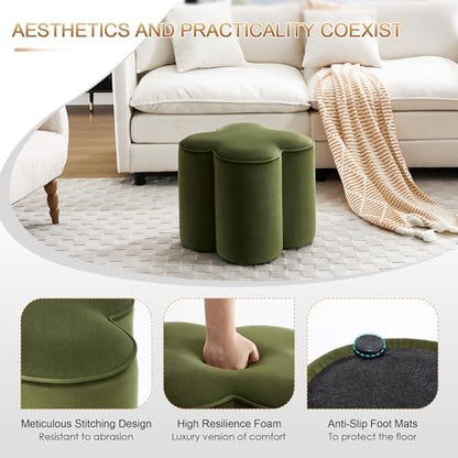 Zesthouse Flower Pouf Ottoman Foot Rest, Velvet Fabric Poofy Ottoman Stool | Large Ottoman Footstool for Couch, Modern Living Room Stool Seat, Cute Square Vanity Stool for Bedroom Dorm Green Footstool