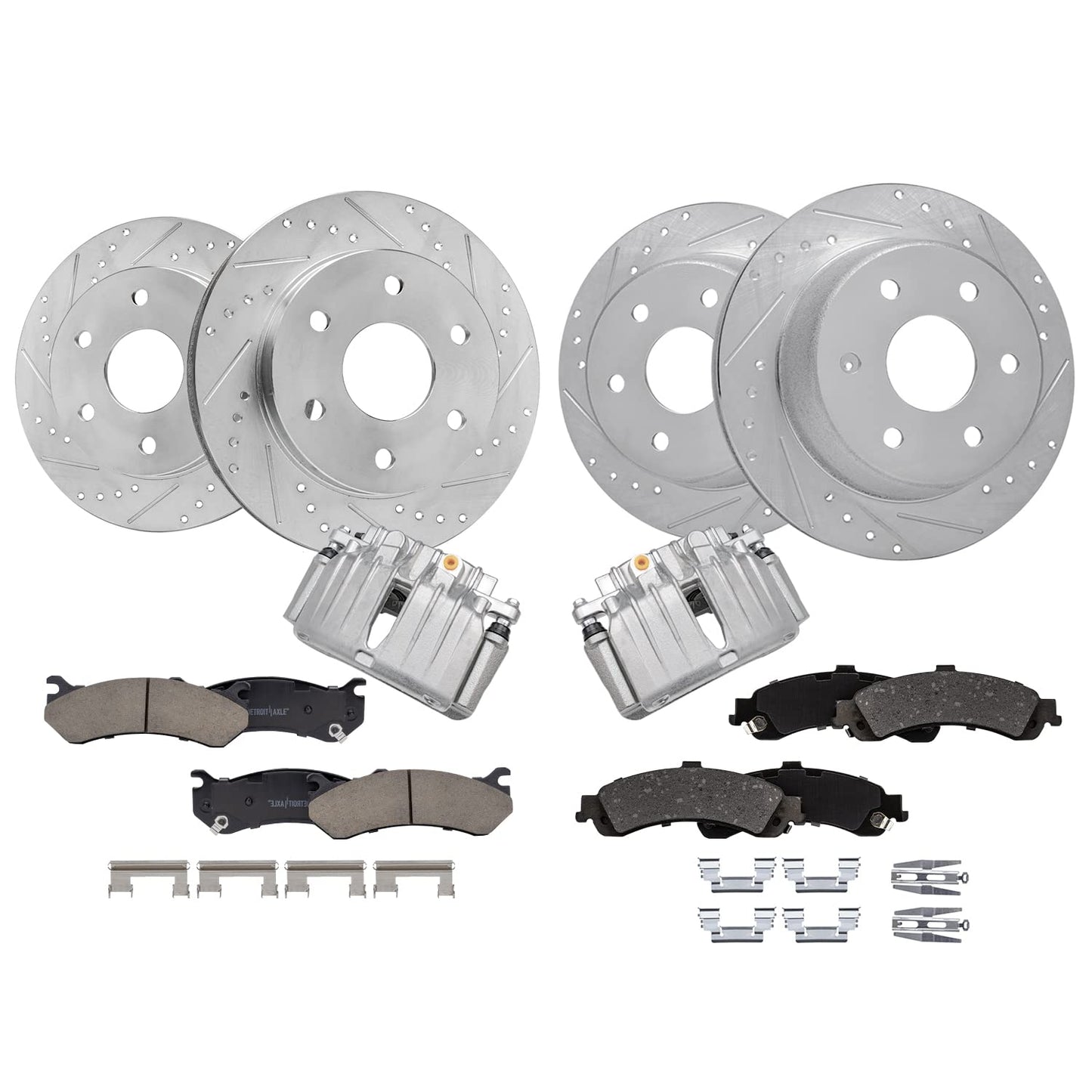 Detroit Axle - Front & Rear Drilled Rotors Brake Pads + Rear Brake Calipers Replacement for Silverado Sierra 1500 Yukon XL 1500