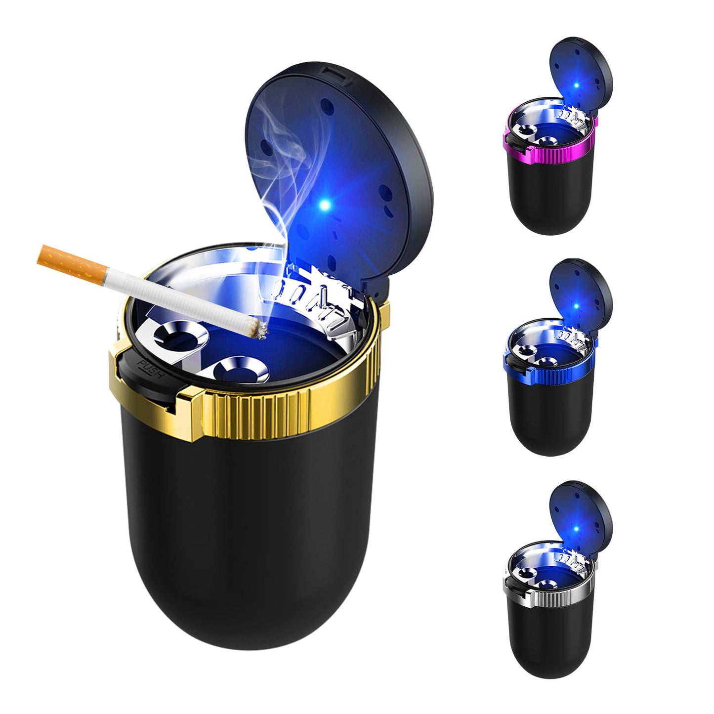 Ohleats Car Ashtray with Lid, Detachable Stainless Steel Ash Tray with LED Blue Light, Portable Mini Vehicle Cup Holder Trash Ca