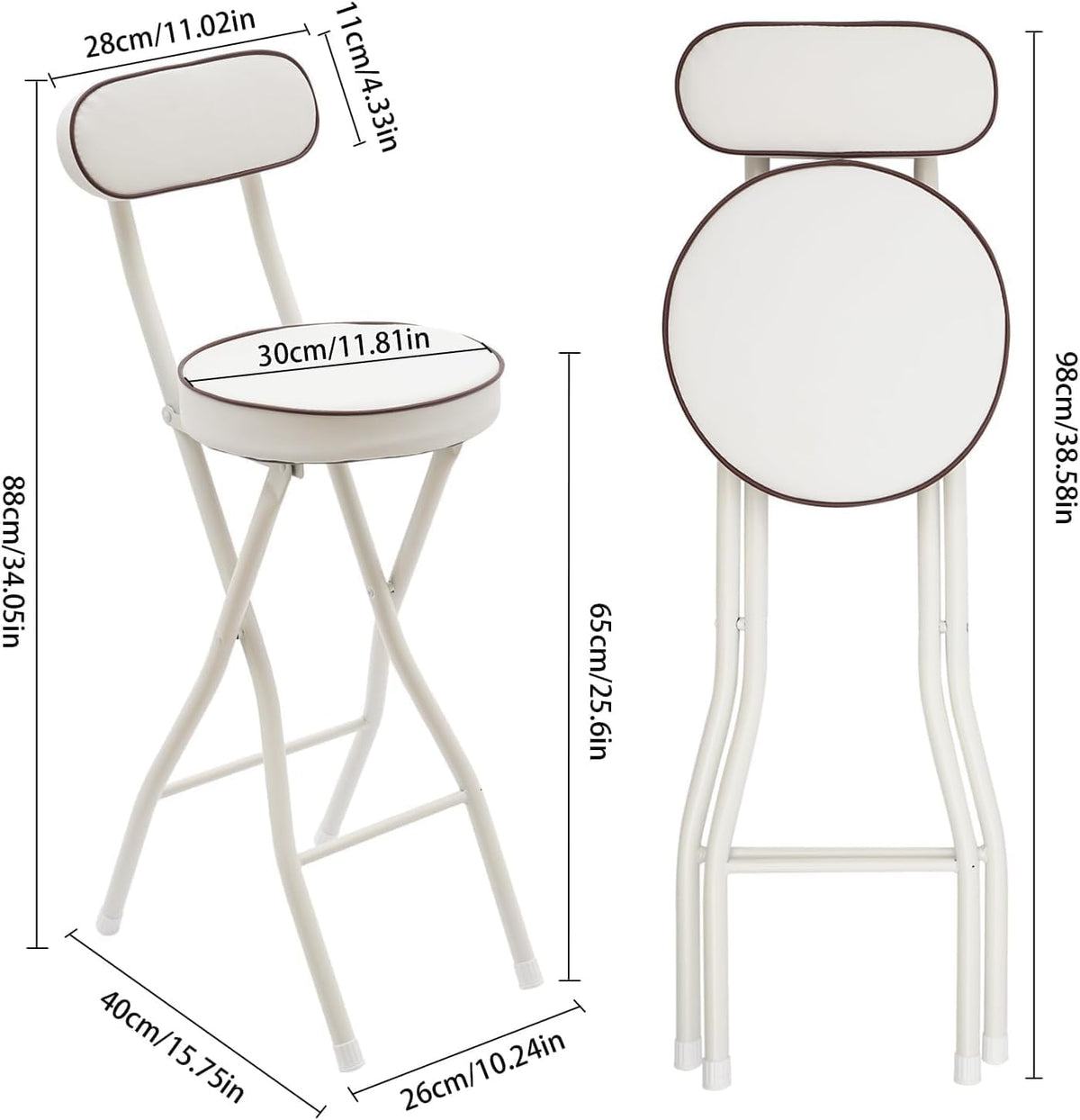 Set of 2-Folding Bar Stool Chair W/Back,Tall Foldable Chair Leather Padded | Counter Height Collapsible Stool for Adults Kitchen Island Guitar Shop Cafe Bar-White
