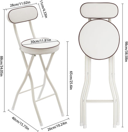 Set of 2-Folding Bar Stool Chair W/Back,Tall Foldable Chair Leather Padded | Counter Height Collapsible Stool for Adults Kitchen Island Guitar Shop Cafe Bar-White
