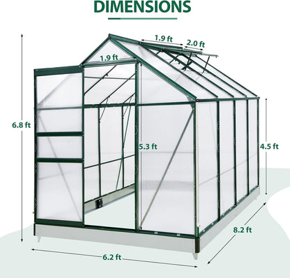EAGLE PEAK 6x8x7 Outdoor Walk-in Hobby Greenhouse with Adjustable Roof Vent and Rain Gutter, Base and Anchor, Polycarbonate Aluminum Green House for Backyard Garden, Dark Green
