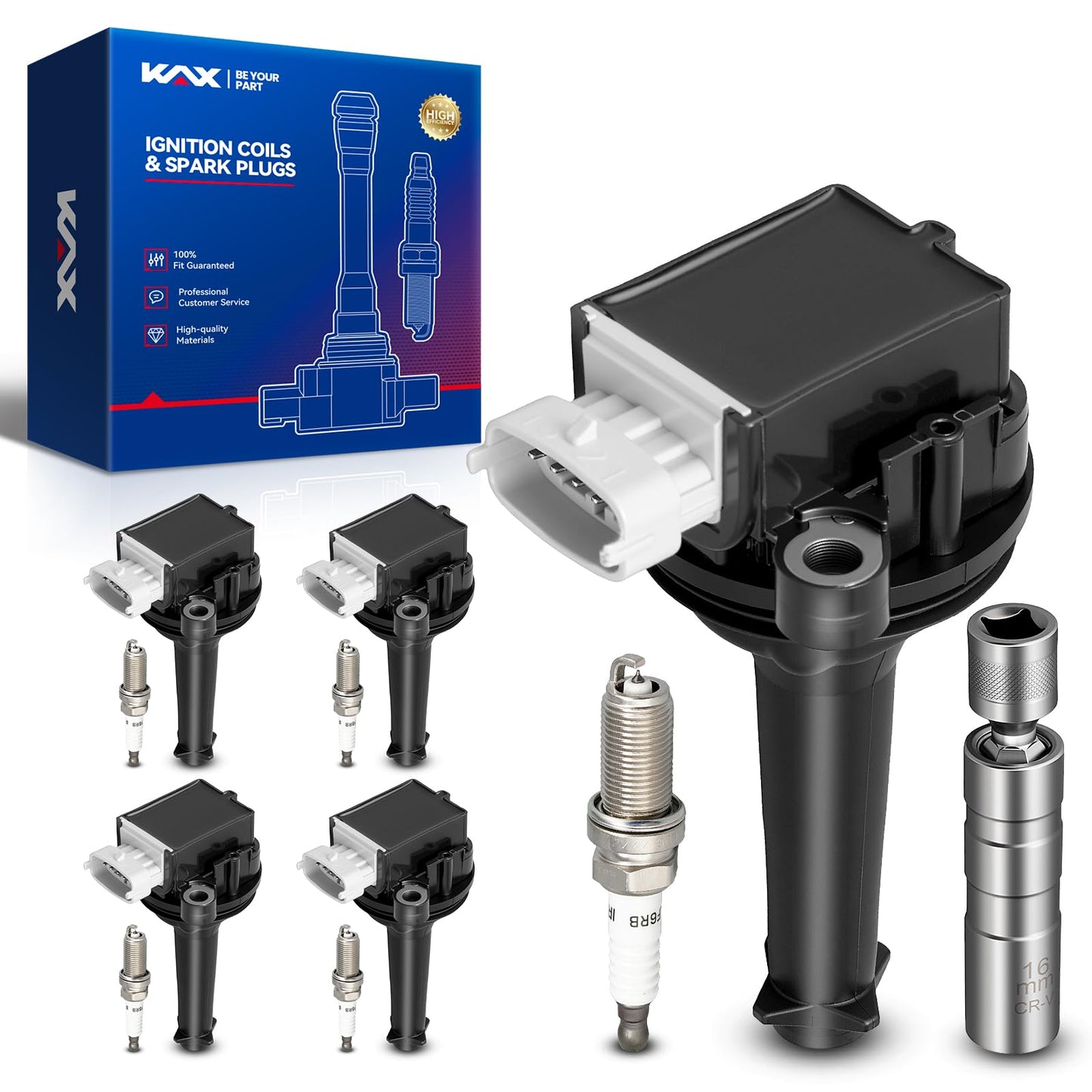 KAX Set of 5 UF517 Ignition Coil Pack & Iridium Spark Plugs w/Magnetic Socket for Volvo S40 S60 2004-2016 2.5T,XC60 XC70 2015 20