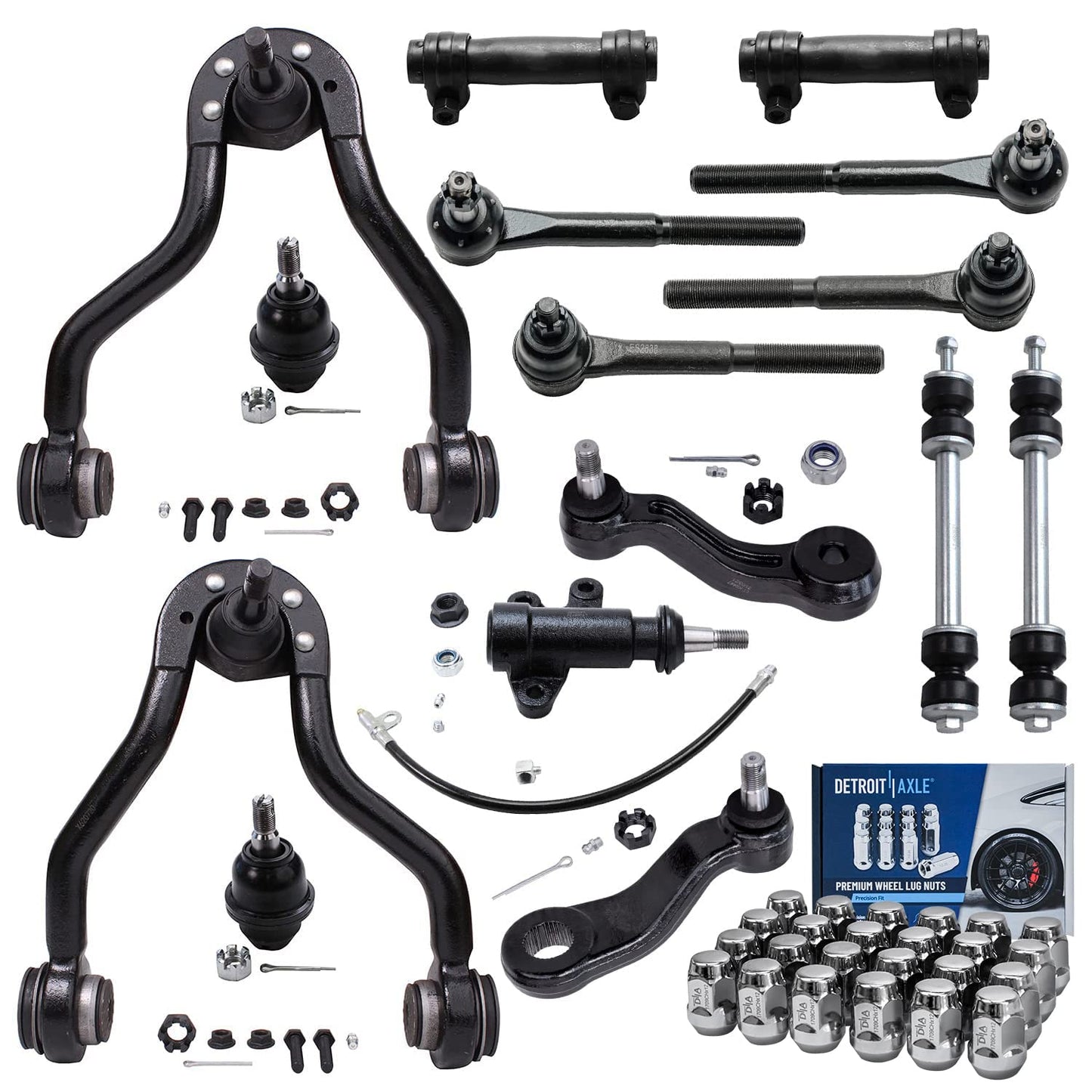 Detroit Axle - 4WD Front Upper Control Arms Ball Joints Sway Bars Tie Rods + 24pc Lug Nuts Replacement for K1500 Tahoe Yukon Esc