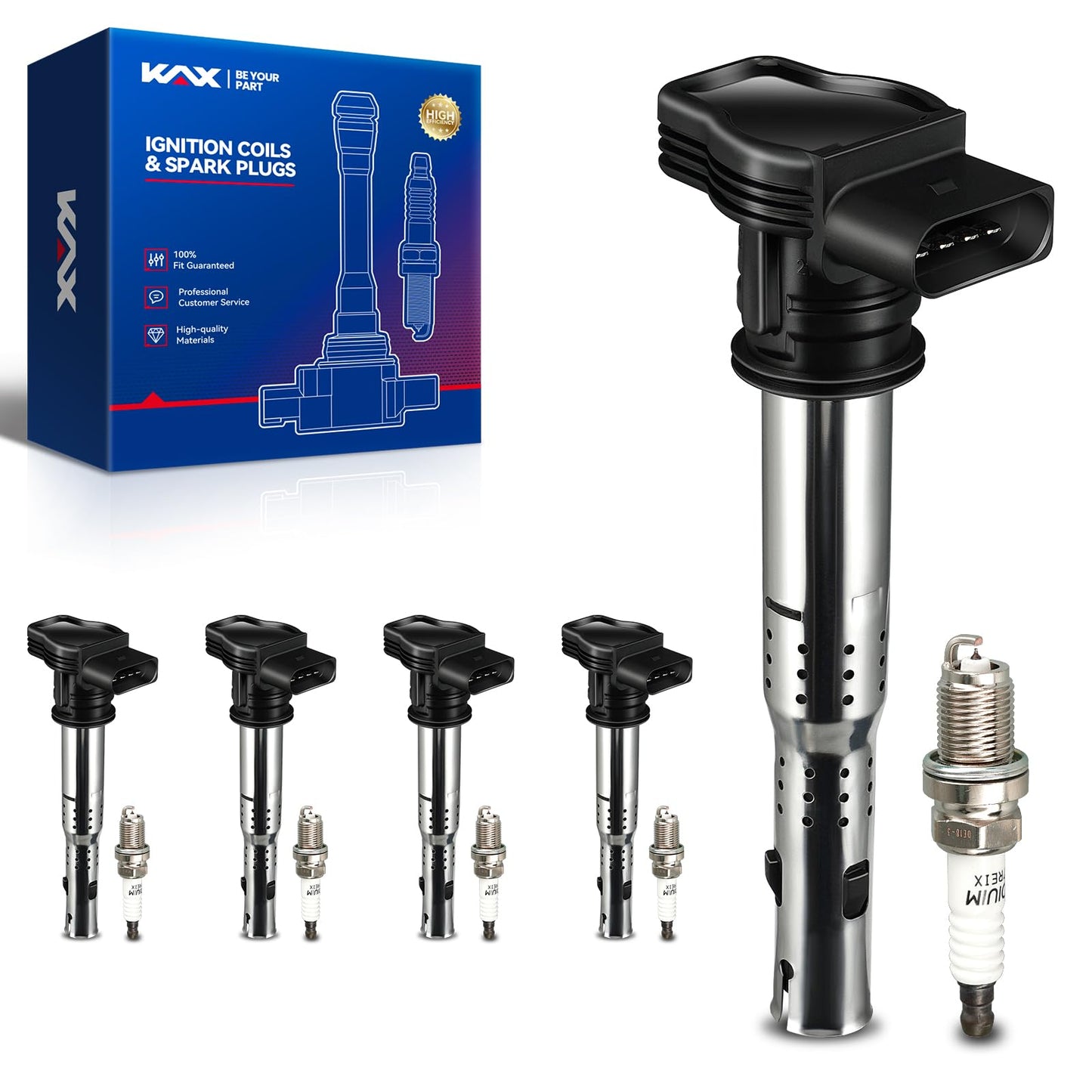 KAX 5-Pack Ignition Coils and Iridium Spark Plug Set Compatible with VW Jetta GLI Passat Tiguan Beetle CC GTI Golf Beetle Turbo