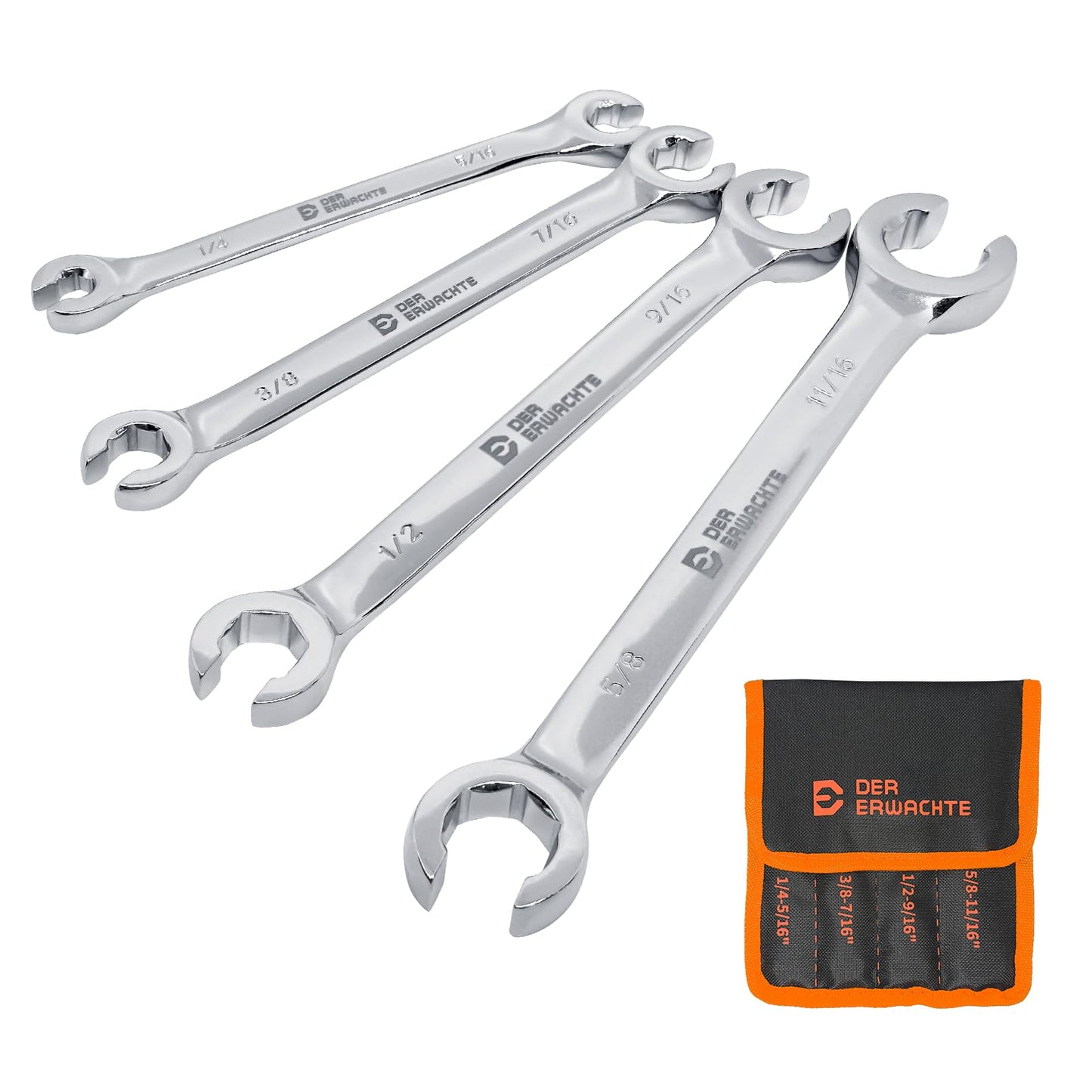 Der Erwachte 4-Piece Flare Nut Wrench Set - SAE Brake Line Wrench 1/4, 5/16, 3/8, 7/16, 1/2, 9/16, 5/8, 11/16-inch, Professional