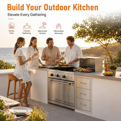 Outdoor Kitchen Drawers, 17" W x 30" H x 21" D Stainless Steel BBQ Drawer with Paper Towel Holder Combo, Flush Mount Triple Access Drawers with Handle for Outdoor Kitchen Island, Patio Grill Station
