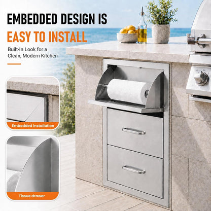 Outdoor Kitchen Drawers, 17" W x 30" H x 21" D Stainless Steel BBQ Drawer with Paper Towel Holder Combo, Flush Mount Triple Access Drawers with Handle for Outdoor Kitchen Island, Patio Grill Station