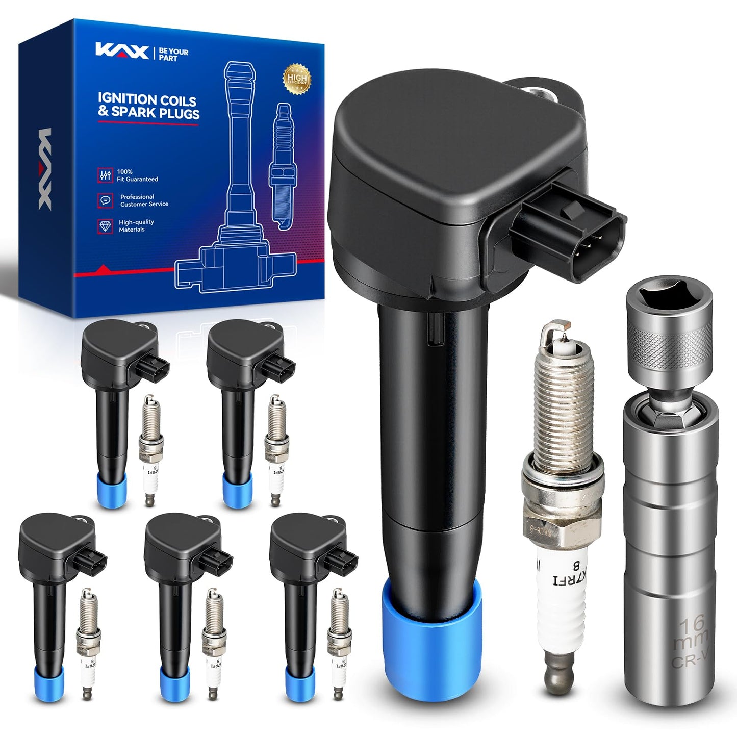KAX Set of 6 Ignition Coil Pack & Iridium Spark Plugs w/Magnetic Socket for Honda Odyssey 2008-2017, Accord 2008-2012, Crosstour