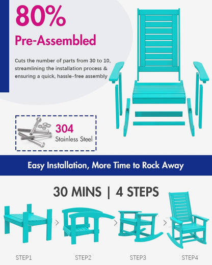 BRIOPAWS Outdoor Rocking Chairs Set of 2 | HDPE Plastic | Porch Rockers | Aqua | Oversized | Patio Rocker Chair | High Back | for Big Man | Weather Resistant | for Outside Deck Balcony Front Backyard