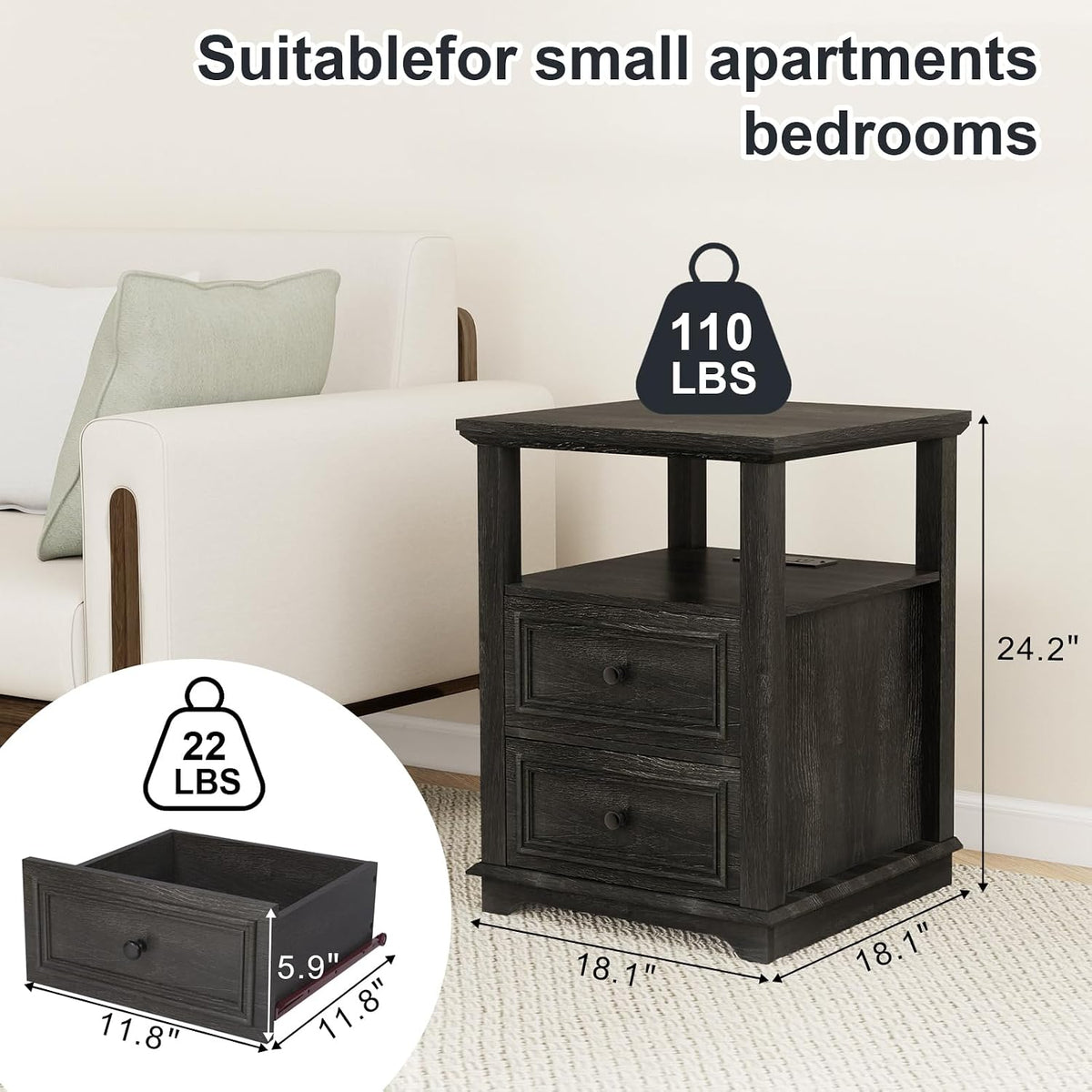 MUUEGM Farmhouse Nightstand 18” Brown End Table with Charging Station Rustic Wood Tall Bedside Table with 2 Drawers Storage Small Dresser Open Shelf for Bedroom, Living Room, Closet