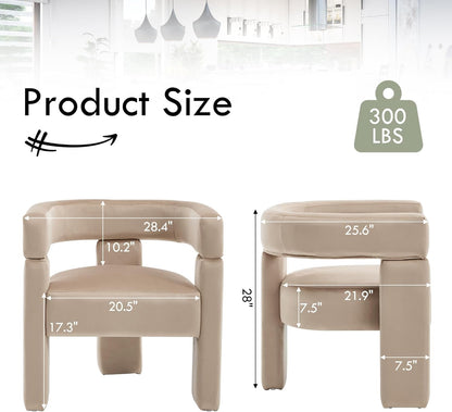 Modern Accent Barrel Chairs Set of 4, Velvet Upholstered Armchairs with 3 Legs, Comfy Leisure Reading Chair for Dining/Living Room/Bedroom/Office/Apartment, Khaki