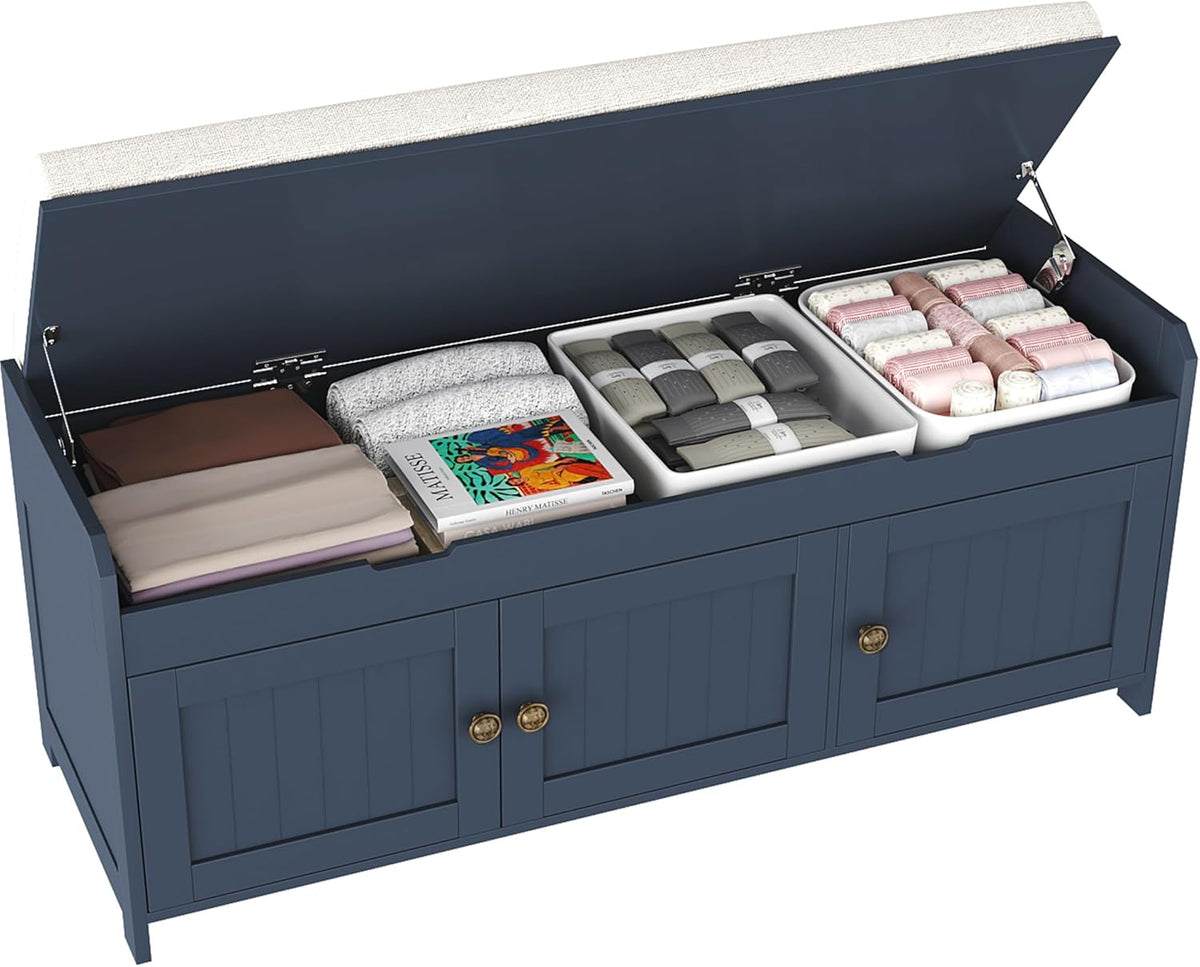 HOMEFORT 41.3" Shoe Bench with Lift Top Storage, Entryway Bench with Cushioned Seat, Wooden End of Bed Bench, Shoe Cabinet Bench with Hidden Storage Space, for Bedroom, Hallway,Blue