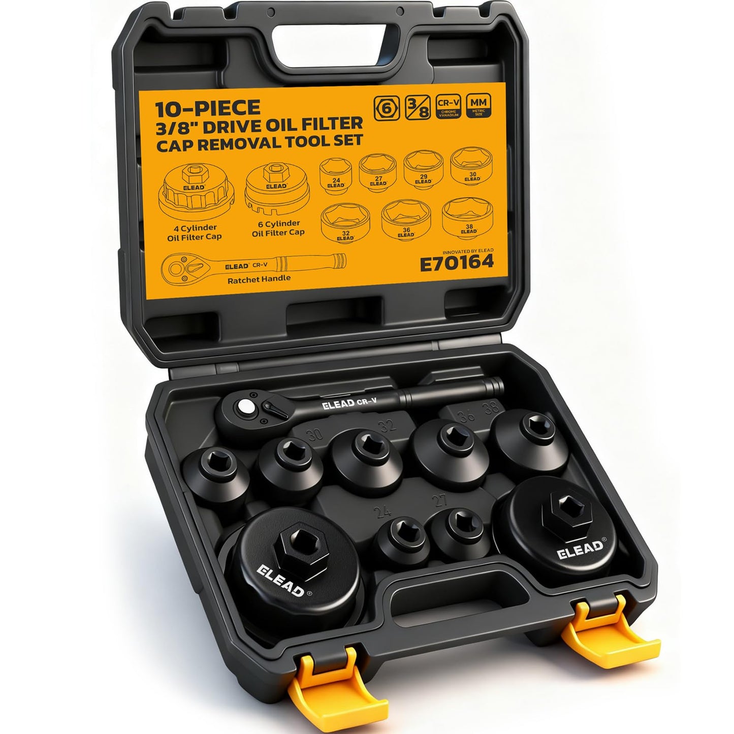 ELEAD 10-Piece Oil Filter Socket Wrench Set, 3/8 Drive Metric Cap Oil Filter Removal Tool, Low Profile Filters Socket Set with R