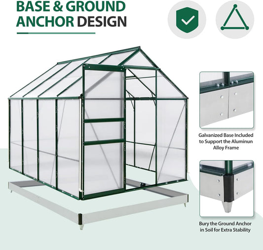 EAGLE PEAK 6x8x7 Outdoor Walk-in Hobby Greenhouse with Adjustable Roof Vent and Rain Gutter, Base and Anchor, Polycarbonate Aluminum Green House for Backyard Garden, Dark Green