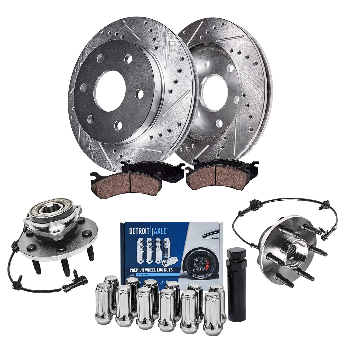 Detroit Axle - 4WD Front Drilled Rotors Brake Pads Wheel Hubs + 12pc Lug Nuts w/key Replacement for Sierra Silverado 1500 Escala