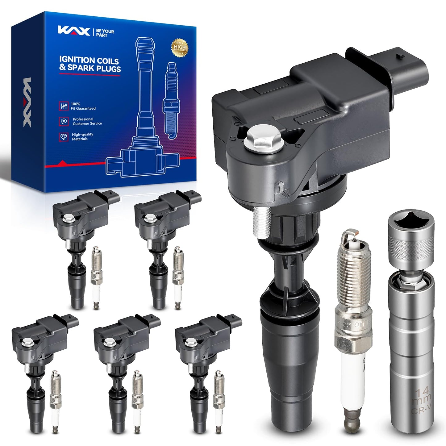 KAX Set of 6 Coil Pack & Iridium Spark Plugs w/Magnetic Socket for GMC Acadia, Canyon & Chevyrolet Camaro, Colorado, Blazer & Bu