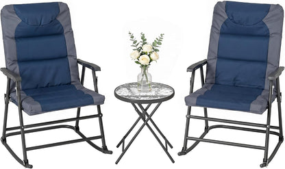 Outsunny 3 Piece Outdoor Patio Furniture Set with Glass Coffee Table & 2 Folding Padded Rocking Chairs, Bistro Style for Porch, Camping, Balcony, Navy Blue