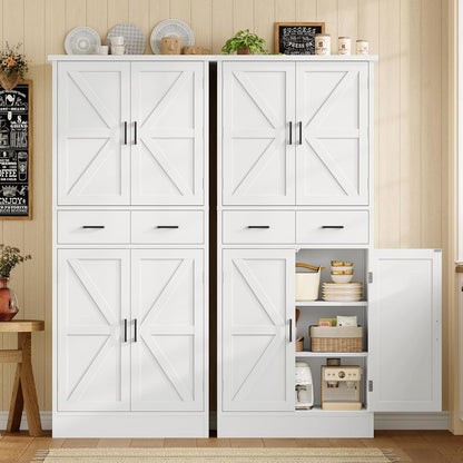 TEENFON Farmhouse Pantry Cabinet, 66.9″H Tall Kitchen Storage Cabinet with Barn Doors, Adjustable Shelves & Drawer, Freestanding Cupboard for Kitchen, Dining Room, Living Room, Bathroom, White