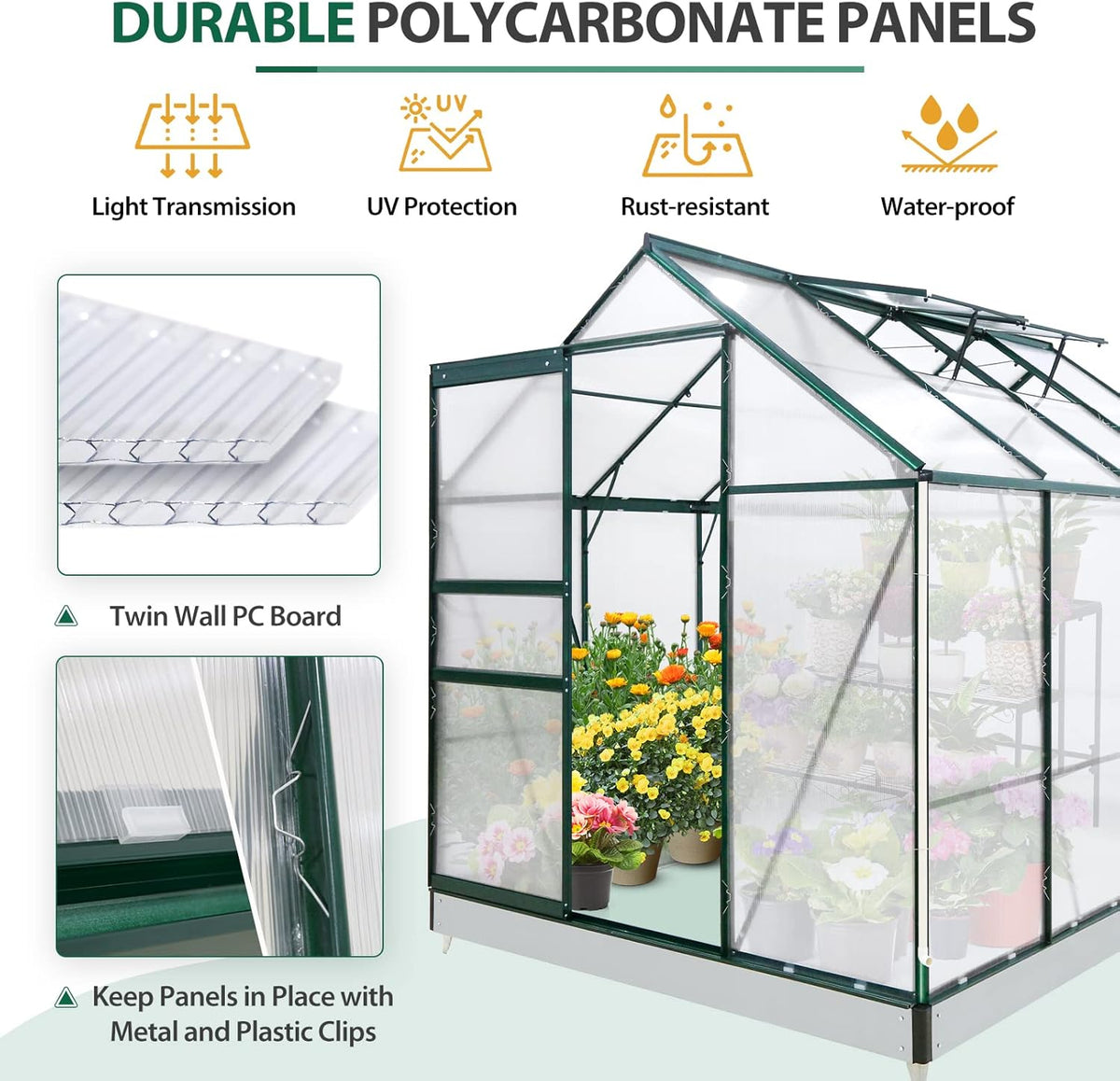 EAGLE PEAK 6x8x7 Outdoor Walk-in Hobby Greenhouse with Adjustable Roof Vent and Rain Gutter, Base and Anchor, Polycarbonate Aluminum Green House for Backyard Garden, Dark Green