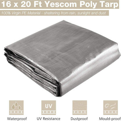 Yescom 16x20Ft 14 Mil Heavy Duty Reinforced Poly Tarp Reversible Waterproof Tarpaulin Ground Sheet Cover Reversible Silver Black Tarps