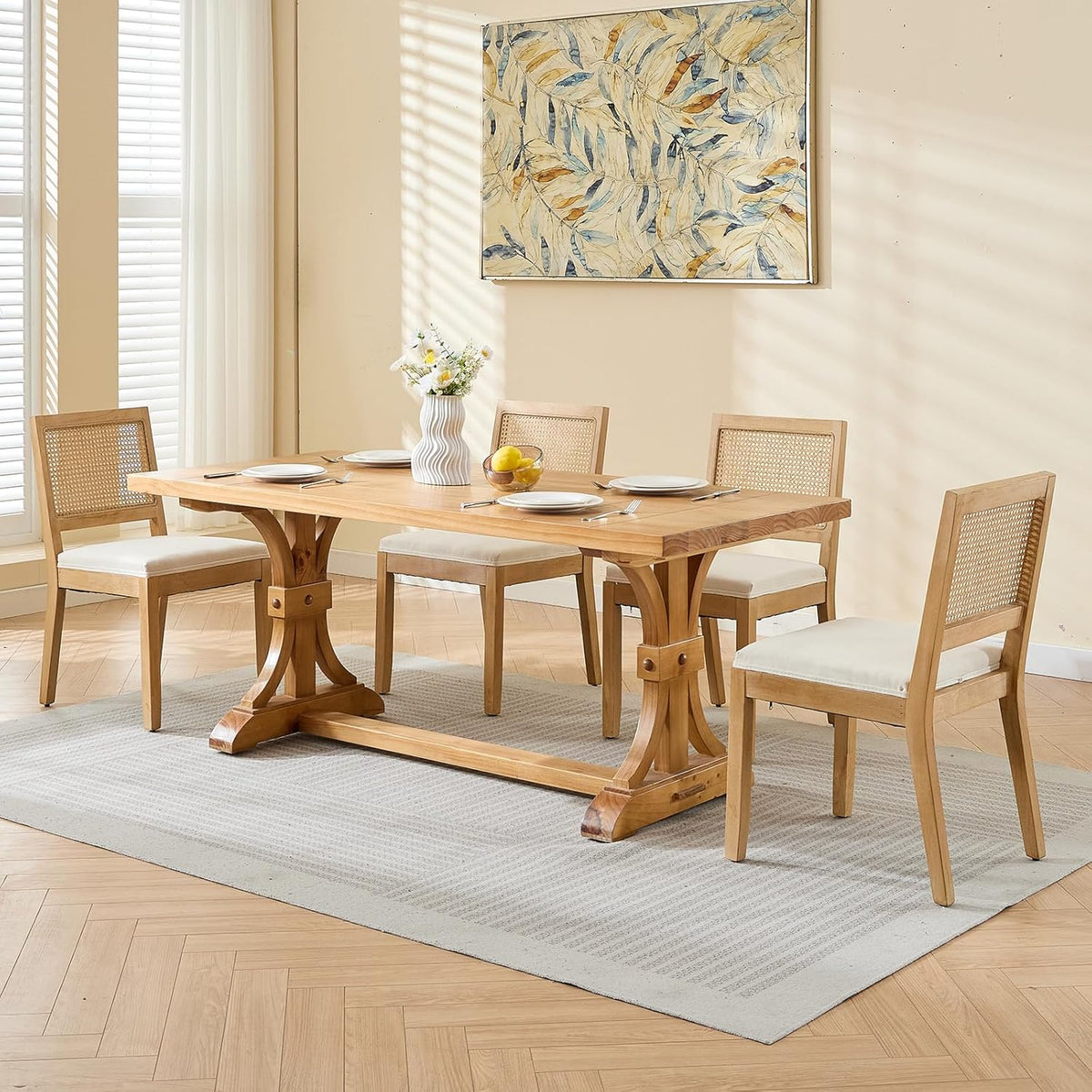 Vintage French Country Dining Chairs Set of 4, Rattan Dining Chairs with a Low Square Back, Beige 4 Dining Chair Set, Sillas para Comedor, Kitchen & Dining Room Chair (Beige, 4Pcs)