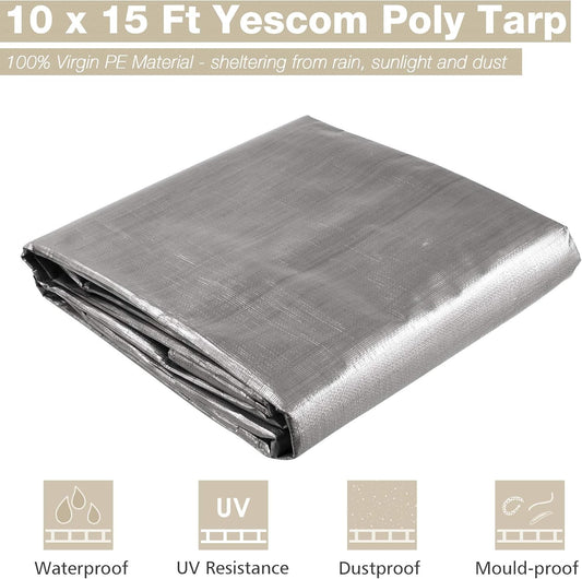 Yescom 10x15ft Heavy Duty Reinforced Poly Tarp 10-mil Waterproof Tarpaulin Ground Sheet Camping Tent Cover with Eyelets Reversible Silver Black Tarps