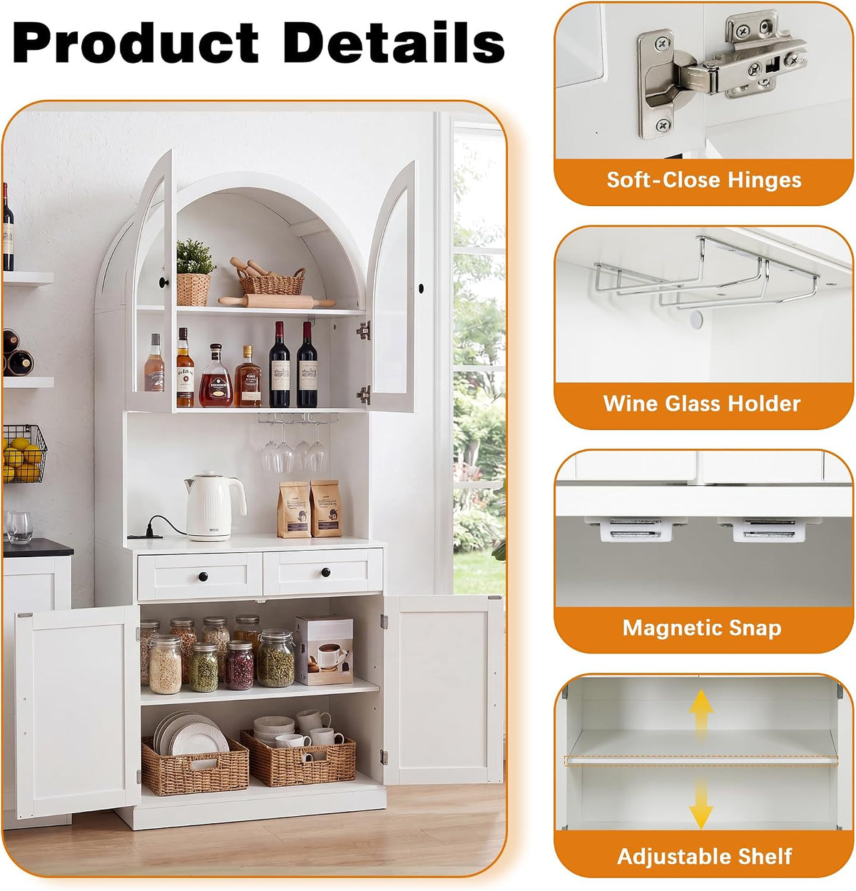 Polibi 75" Farmhouse Arched Pantry Cabinet with Charging Station, Adjustable Shelves, Open Countertop & Glass Racks, Tempered Glass Door & Barn Door, Coffee Bar Cabinet for Dining Room, White
