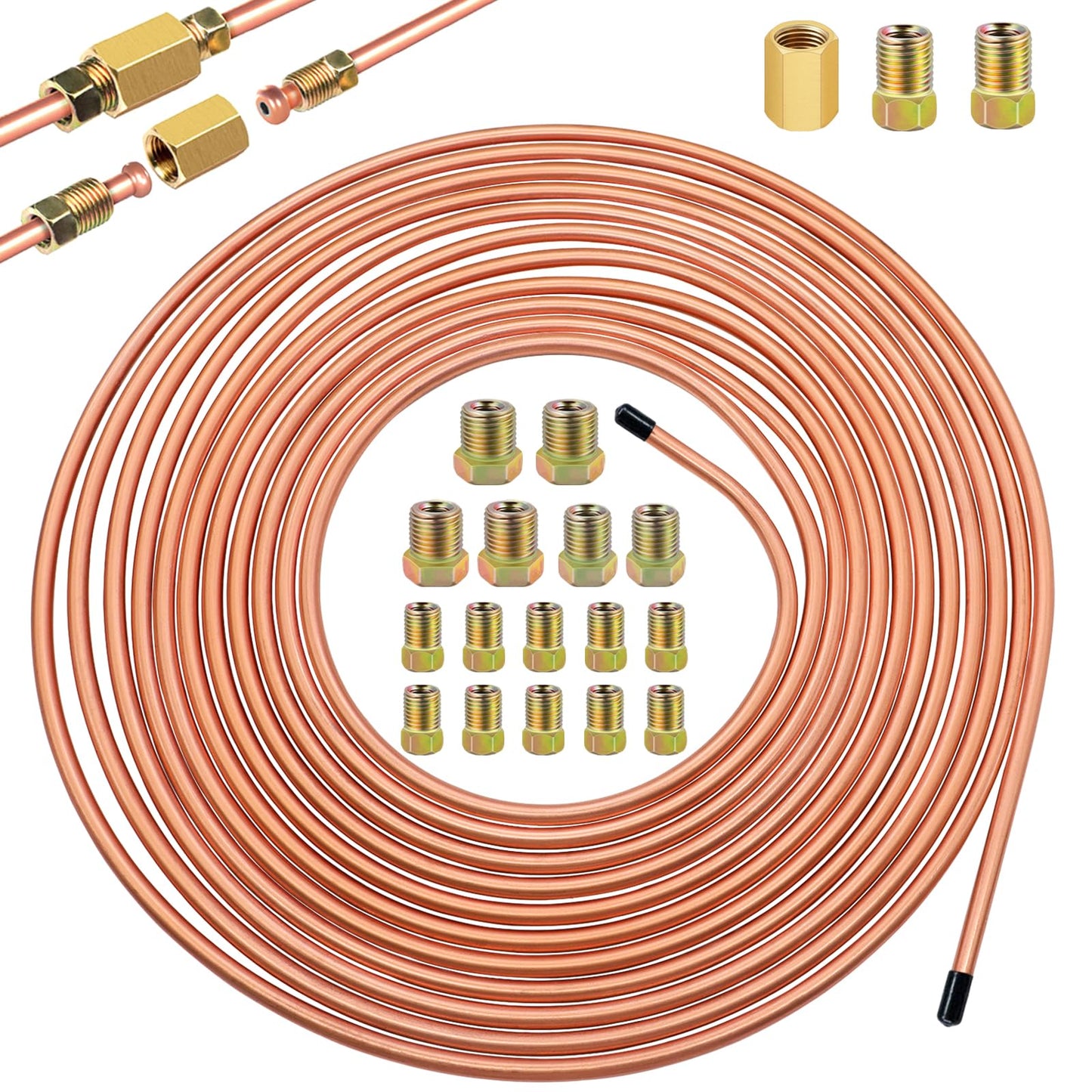 Eoppen 3/16inch x 25 ft Brake Line Tubing Kit Flexible Copper Coated Alloy Brake Line Tubing Coil with 18 Inverted Flare Fitting