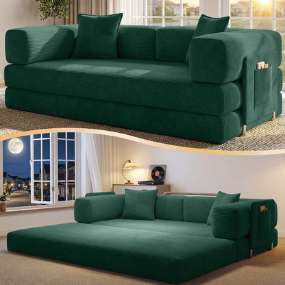 78.8" Convertible Futon Sofa Bed, Couch for Living Room | Corduroy Loveseat Sleeper Sofa, Modular Futon Couch with Storage Pocket, Pull Out Couch No Assembly | Forest Green