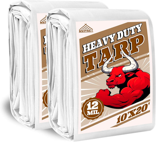 Tarp 10x20(2packs) ft Heavy Duty 12mil 100% Waterproof High Durability Multipurpose,Uv Resistant,White Tarp Suitable for Swimming Pools, Boats, Camping, Courtyards, Etc -by MVPNET