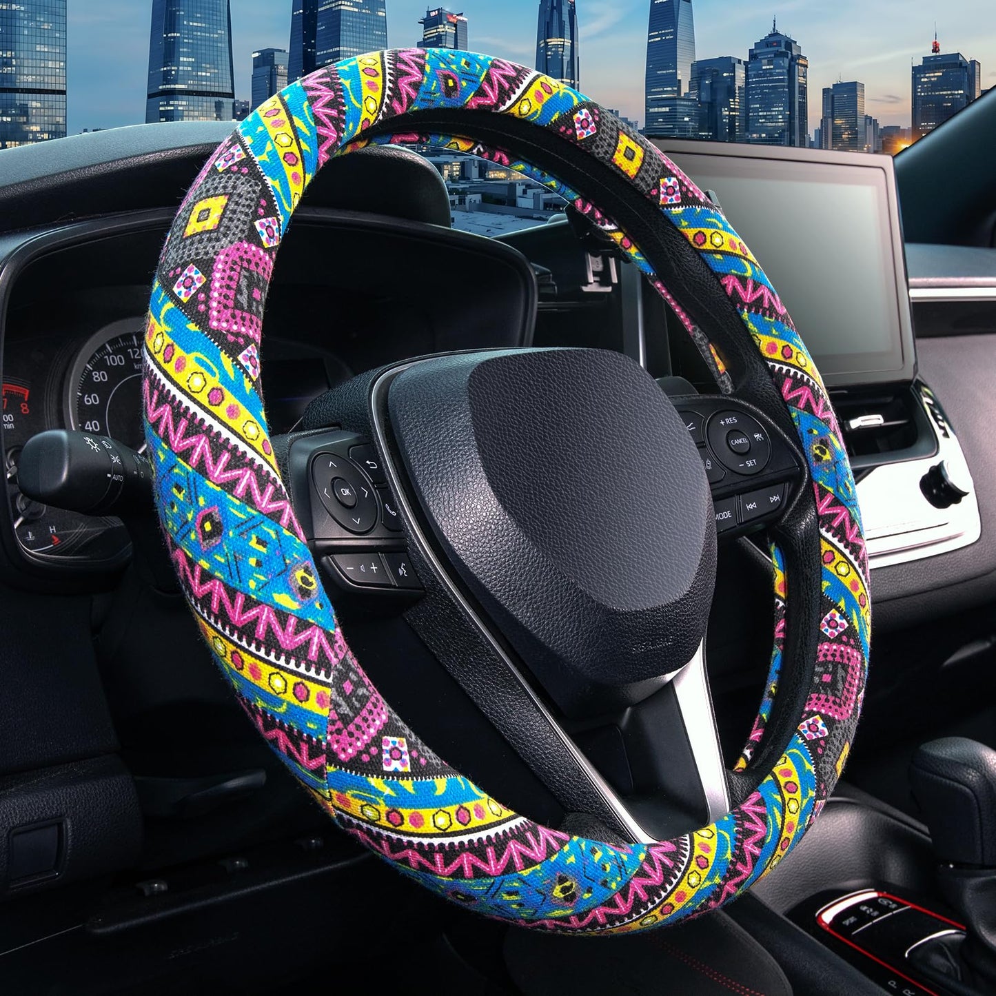 SEG Direct Steering Wheel Cover Handwoven Flax with Geometric Patterns, Anti-Slip & Breathable, Ethnic Style Steering Wheel Prot