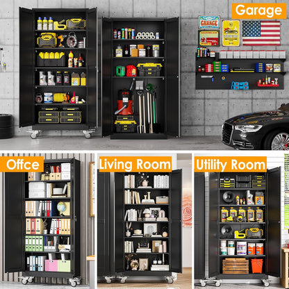 PAOFIN 75''H Metal Garage Storage Cabinet with Wheels,Steel File Cabinets with 2 Doors and 5 Adjustable Shelves for Home Office, Warehouse, Required Assembly,Black