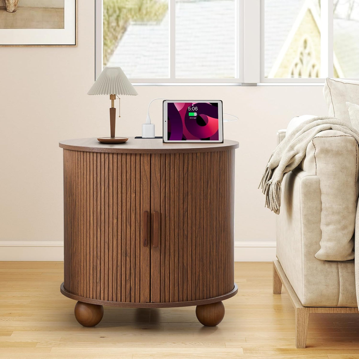 AVZEAR 24" Large Round End Table with Charging Station, Farmhouse Fluted Sofa Side Table with Sliding Tambour Door & Storage, Mid-Century Wood Nightstand for Living Room, Bedroom, Walnut